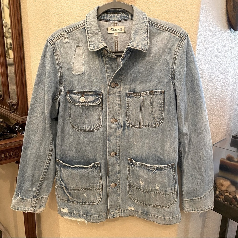 MADEWELL Women Light Blue Denim Chore Coat Archer Wash Distressed Jacket-Medium